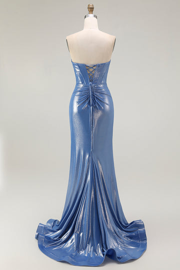 Strapless Mermaid Metallic Corset Blue Prom Dress